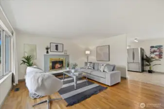 Living room with wood burning fireplace