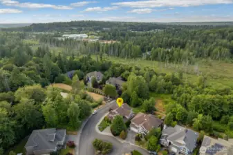 Home sits at the back of the community, with green spaces on multiple sides