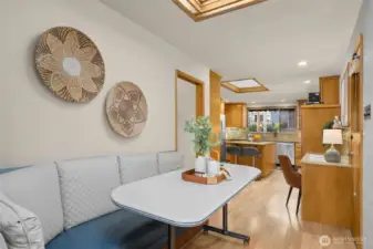 Cool built-in banquette and custom table