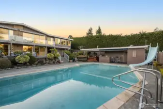 The cabana has a snack bar, pool equipment and changing rooms
