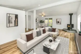 Living room and peak at dining area *Virtually staged*