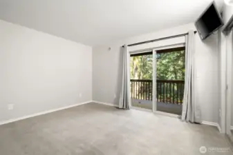 Main bedroom with large slider to deck.  Comes with mounted TV!
