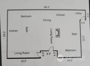 This diagram from the seller's purchase  appraisal shows the main level as 1,173 sq  feet, but does not divide apartments 1 & 2.
