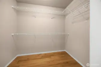 This primary walk-in closet is complimented by additional closet space on the opposite wall.