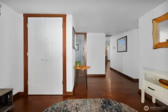 Entryway looking into home.  Engineered hardwood floors.