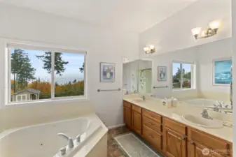 5 piece primary bathroom with a stand alone shower and soaking tub with views of the sound!