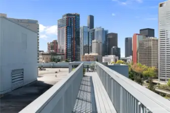 Sunny rooftop deck provides stunning city views