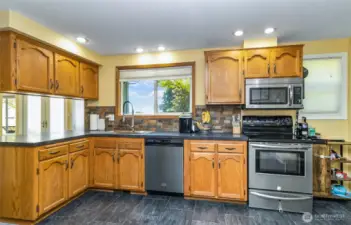 Alternate Shot of the Kitchen~Earthy Tile Backsplash~Double Deep Farmstyle Basin Sink~