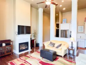 Propane fireplace provides warmth and ambience.