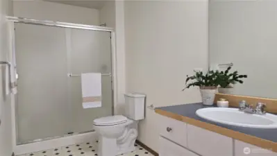 Upper level guest bathroom with walk-in shower.