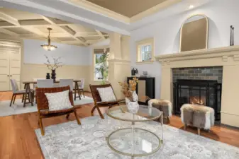 Coffered ceilings; open space connected to the dining room