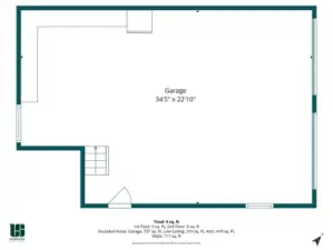 Huge two-car garage with extended workshop space on the main floor and an estimated 419 sq ft of solid storage space above, easily accessed by stairs.