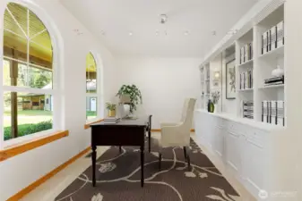 Virtually staged. shelving is not included, see next pic for actual layout. Co  uld be used as formal dining or a study.