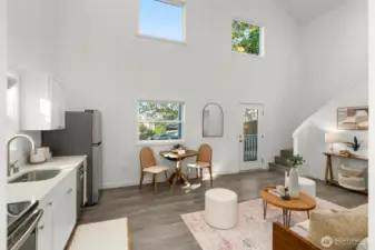 125 MLK: Back house living room has double-height ceiling