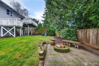 Backyard includes deck, patio and firepit
