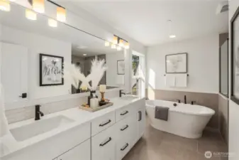 Primary Bath:  The primary bath showcases a long dual-sink vanity with quartz counters, modern lighting, and warm tile floors that contribute to a spa-like atmosphere. A soaking tub sits beside a large window, inviting natural light while maintaining privacy. Situated within Bothell’s Canyon Park area, this serene bath offers a relaxing retreat close to everyday conveniences, trails, and community amenities. With abundant counter space, matte black fixtures, and thoughtful design details, the space feels both luxurious and highly functional.    These photos are from Lot 5 at Gooden Hollow, the home listed here. However, other homes in the community will have changes, so all photos, renderings, site maps, and floorplans are for visualization purposes only. Plans, colors, building orientation, finishes, home outlook, and other details can and WILL vary.