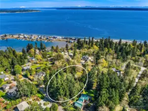 View from above showing the Point Monroe lagoon with Puget Sound and Mt. Baker in the distance (property outline is approximate)