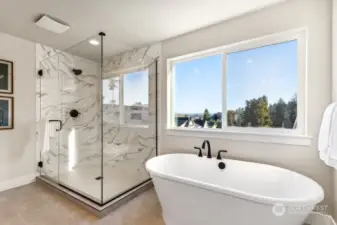 Luxurious primary bath with stunning views