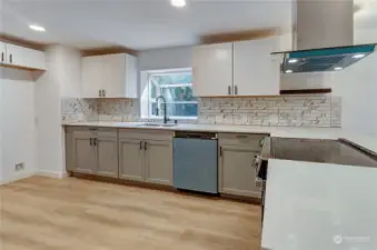 Another kitchen view with electric ss stove hood and dishwasher ready to use with room for large refridgerator to match