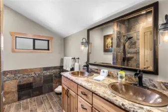 Main floor bathroom, large, river rock tile floor