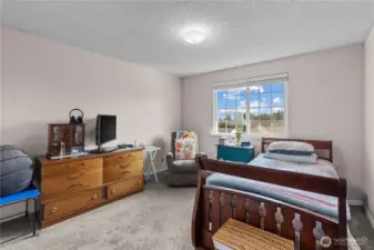 Upper level bedroom with views of the Sound and Cascades in the distance.