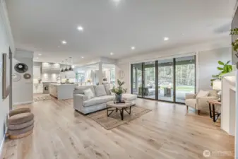 Beautiful open concept living room connecting with kitchen and backyard covered patio