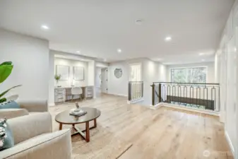Second floor loft seating area with built in desk/office area
