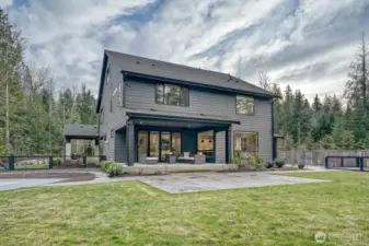 Amazing backyard with beautiful stamped concrete extended patio and walk ways with accent lights galoure