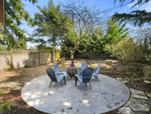 A private outdoor setting provides the perfect space to entertain family friends while enjoying a cozy fire.