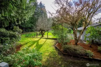 FROM THE UPSTAIRS DECK...BACK OF GARAGE MINI PASTURE/HOLDING AREA