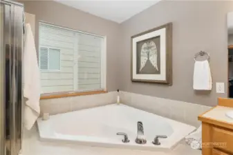 Enjoy soaking in the large master soaking tub and tankless hot water heater!