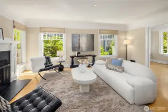 Classic millwork and timeless details give the living room its inviting character.