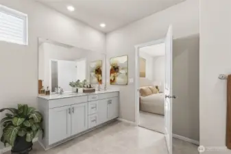 Primary bathroom with double vanity, shower, and walk-in closet that connects to laundry room. *Finishes and options will vary.