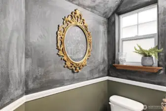 This charming powder bath features a chalkboard paint, and these owners had guests draw messages or leave notes. A living guest book! Home Sweet Home :)
