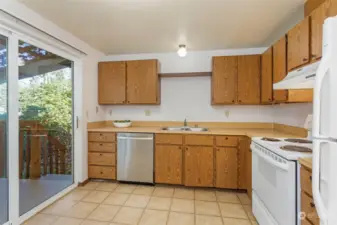 Kitchen with glass door out to covered deck.