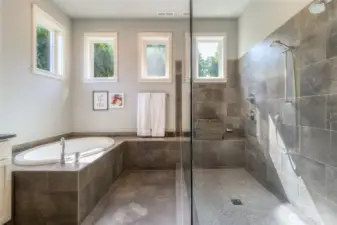 Primary ensuite with glass walk-in shower, soaking tub,  double sinks & walk in closet.