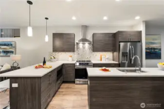 Large kitchens in both plans.  Each kitchen features BOTH an island AND peninsula + stainless appliance package + stone backsplash + quartz-topped counters + amazing storage + under cabinet lighting + separate dining spaces.