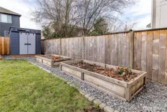 Raised garden beds and storage shed