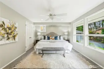 Primary Suite with Ceiling Fan, Plush Carpet and Natural Light