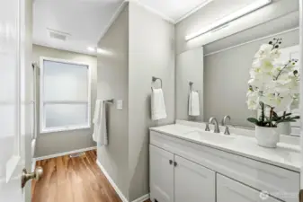 Updated Hall Bathroom with Modern Vanity and Tub Shower Combo