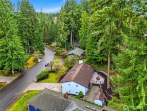 Aerial View of Forest Park Everett Home with Private Wooded Backyard and Large Deck