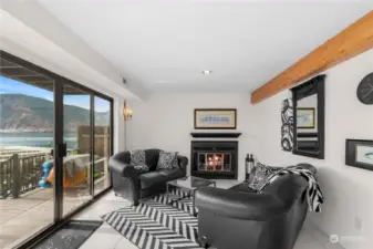 The family room has a wood burning fireplace.