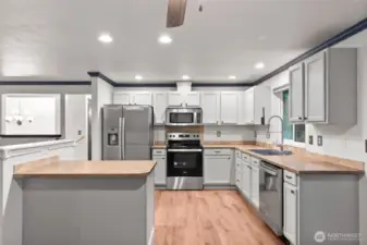 Kitchen island with eating space.