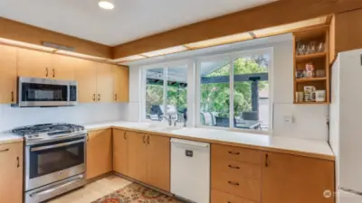 Enjoy views to the back yard & deck from this wall of windows in the kitchen!