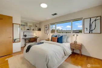 Built-in storage in the primary bedroom.