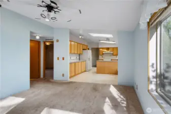 The secondary bedrooms, and main bath,  are located to the left of the kitchen