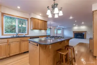 A view of the kitchen island with the cooktop and eating bar, and the sink area with dual undermount stainless steel sinks.  Notice the lighting fixtures, recessed lighting, and the oak cabinets.  For ease of maintenance, there is also a central vacuum system