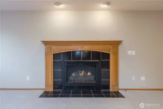 A closer view of the family room's gas fireplace-great for ambiance and heat.