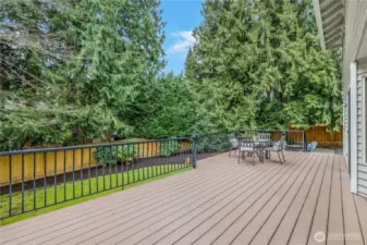 A wider perspective showcases the generous size of the deck, perfect for hosting gatherings or enjoying quiet moments in nature. Towering evergreens create a natural privacy screen, enhancing the peaceful atmosphere.