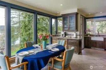 Wet bar and coffee station, refrigerator drawers and ample storage.